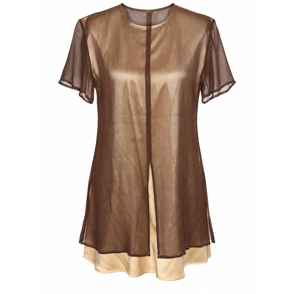 Han Feng Silk Tunic Top S Brown Gold Y2K Whimsigoth Sheer Layered Split Front